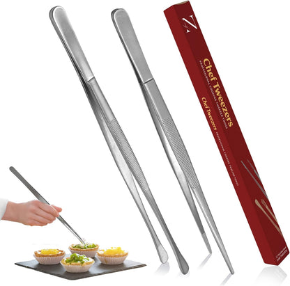 Namre' Tweezer Tongs for Cooking -Plating Tweezers - 2 Pack Stainless Steel Cooking Tongs - Thin Chopstick Tongs (Silver)