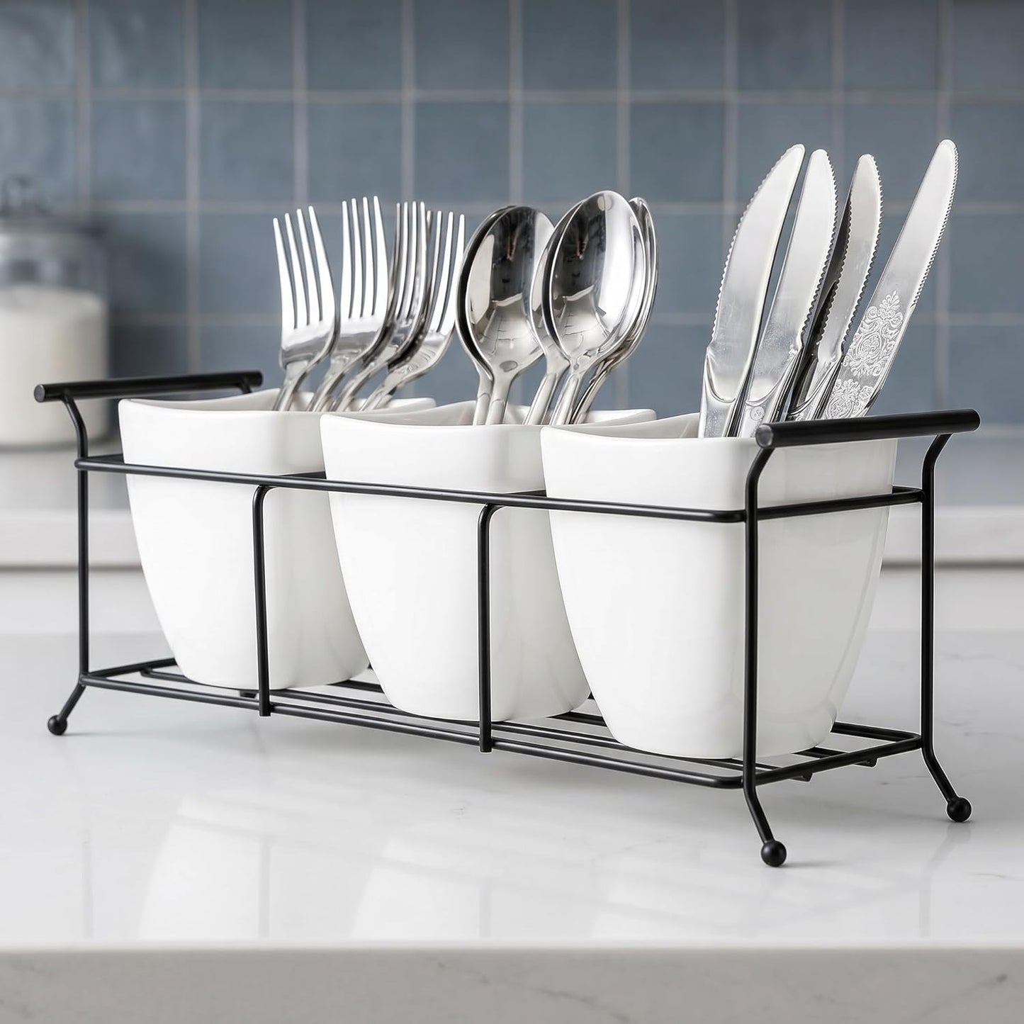 Bekith 3-Piece Ceramic Flatware Caddy with Metal Rack, Utensil Holder Silverware Caddy Cutlery Organizer, White