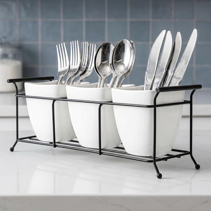 Bekith 3-Piece Ceramic Flatware Caddy with Metal Rack, Utensil Holder Silverware Caddy Cutlery Organizer, White