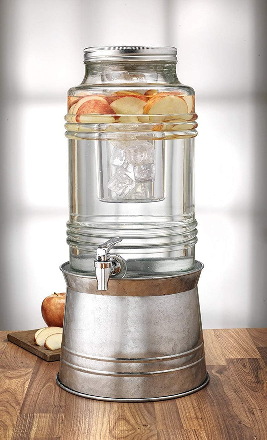 Circleware Breeze Glass Beverage Dispenser with Base Metal Stand Transforms to Ice Bucket, Lid, Fruit Infuser and Ice Insert, Entertainment Kitchen Drinking Glassware, Party, Huge 2.4 Gallons