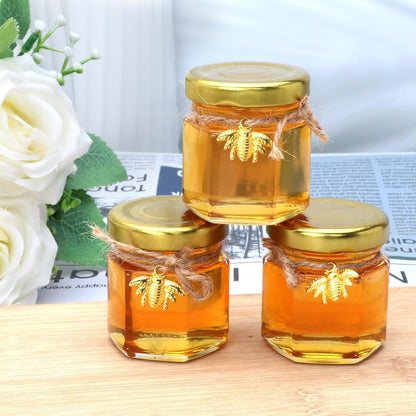 XING-RUIYANG 1.5 oz Hexagon Mini Glass Honey Jars -30Pack Honey Jars with Wood Dipper, Gold Lid, Bee Pendants, Jutes - Perfect for Baby Shower, Wedding Favors, Party Favors