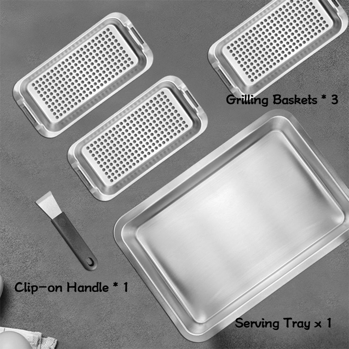 Grill Pans for Outdoor Grill-3 Grilling Baskets|Serving Tray| Clip-on Handle.BBQ Serving Platters with Holes for Grill Fish,Vegetable,Meat and Prep Food Veggie