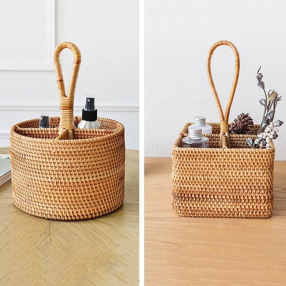 i-lan Set of 2 Rattan Utensil Caddy with Handle (7 Inch) - 4-Section Woven Wicker Silverware Holder for Tea Bags & Condiments, Boho Divided Organizer Basket for Kitchen Countertop, Party & Picnic