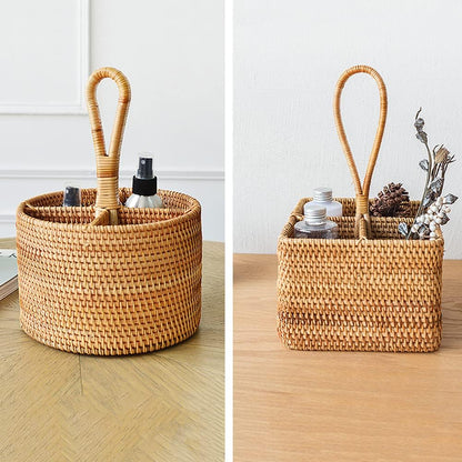 i-lan Set of 2 Rattan Utensil Caddy with Handle (7 Inch) - 4-Section Woven Wicker Silverware Holder for Tea Bags & Condiments, Boho Divided Organizer Basket for Kitchen Countertop, Party & Picnic