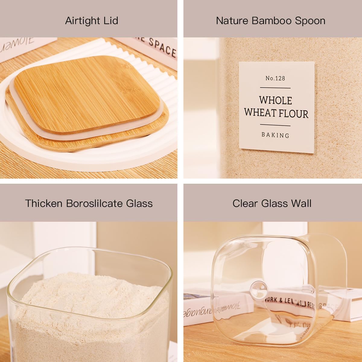 2 Pack large Square Glass Flour and Sugar Containers with 132 Kitchen Pantry Labels - 149 floz & 71 floz - Glass Jars with Airtight Bamboo Lid - Glass Rice Canisters for Coffee, Pasta, Cookie, Cereal