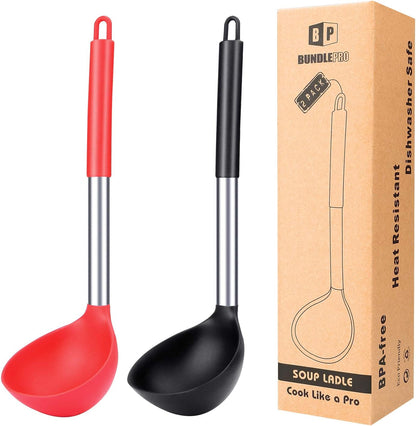 Pack of 2 Ladle Spoon,Silicone Large Spoon for Soup,Non Stick Kitchen Utensils with High Heat Resistant,BPA Free Perfect Kitchen Tools for Cooking, Stirring,Serving Soups (BLACK-WHITE)