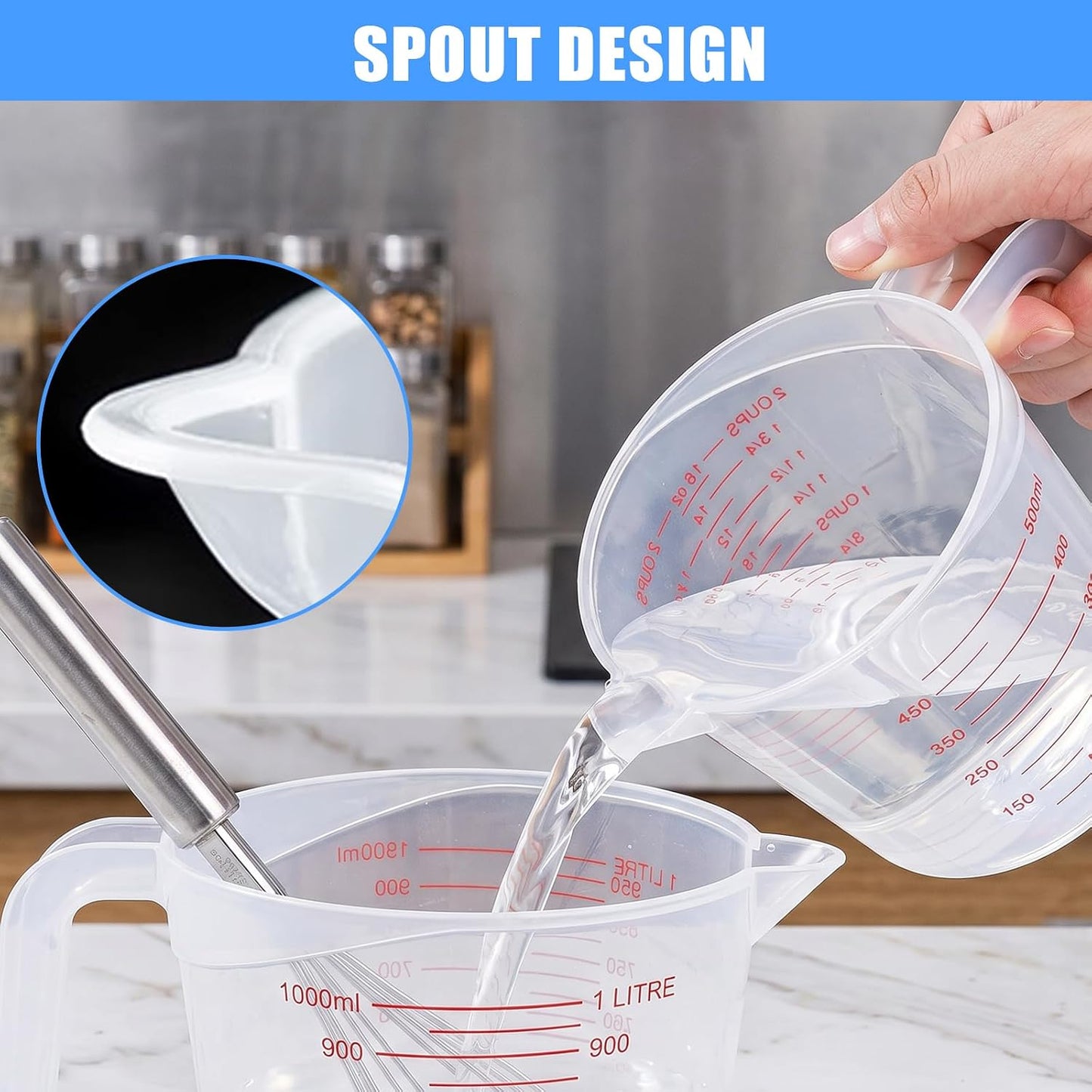 DTDNZKN 3 Pack Measuring Cup Set, Plastic Liquid Measuring Cups 250ml, 500ml & 1000ml - Clear Markings for Baking, Cooking, Mixing, Oil & Water Measurement - Essential Kitchen Tools