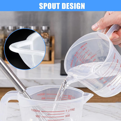 DTDNZKN 3 Pack Measuring Cup Set, Plastic Liquid Measuring Cups 250ml, 500ml & 1000ml - Clear Markings for Baking, Cooking, Mixing, Oil & Water Measurement - Essential Kitchen Tools