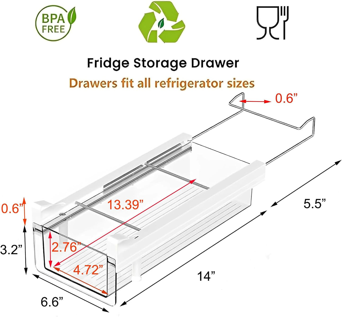 vacane Upgraded Refrigerator Drawers Organizer - Pull Out Fridge Bins with Handle, Extra-Long 19.5" Stretchable and Deep Storage