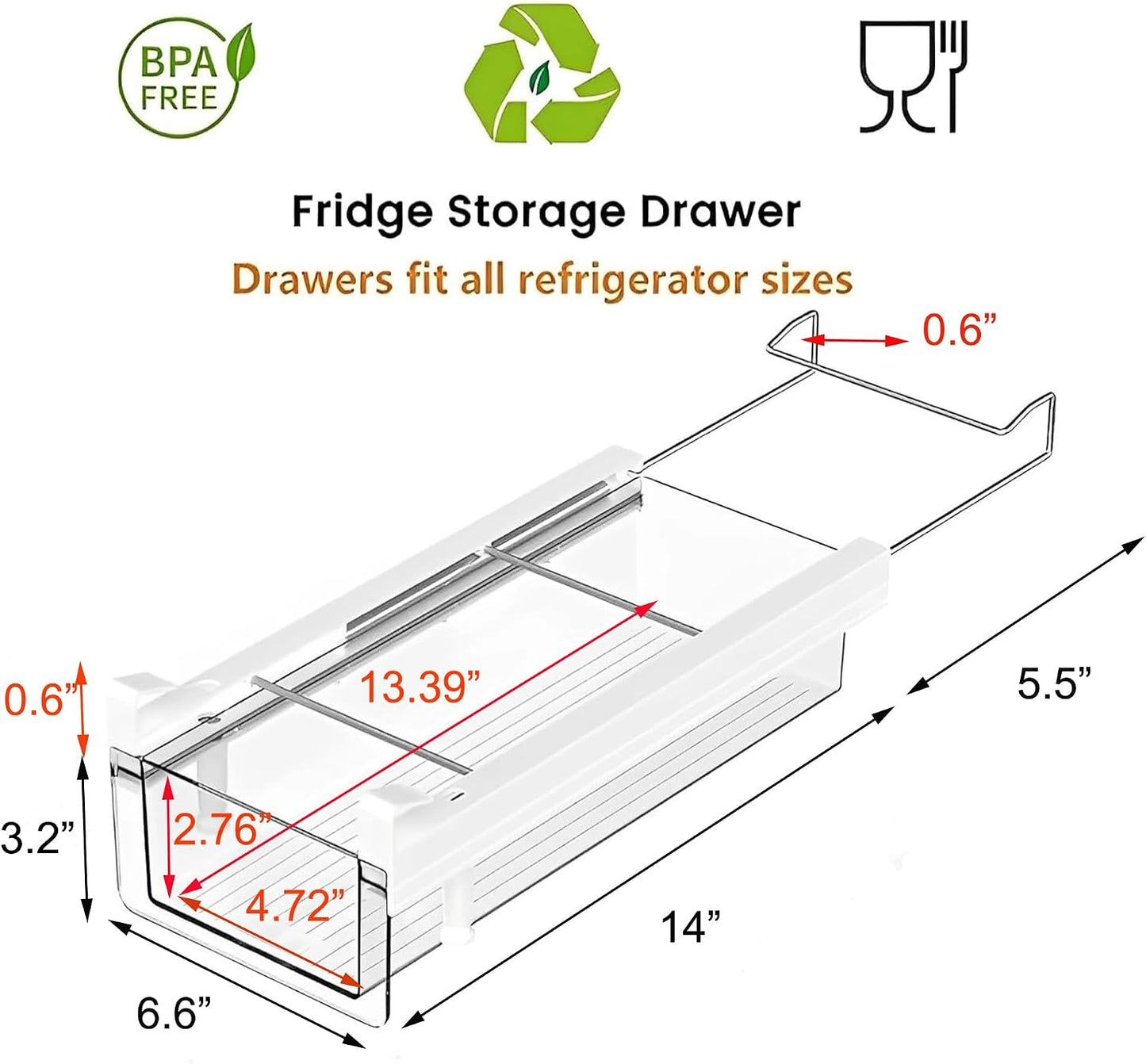 vacane Upgraded Refrigerator Drawers Organizer - Pull Out Fridge Bins with Handle, Extra-Long 19.5" Stretchable and Deep Storage