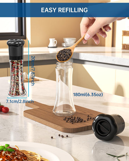 CIRCLE JOY Premium Manual Salt and Pepper Grinder Set, Refillable Salt and Pepper Shakers with Ceramic Blades, Adjustable Coarseness and BPA-free 180ml Glass Container, Tall Black White