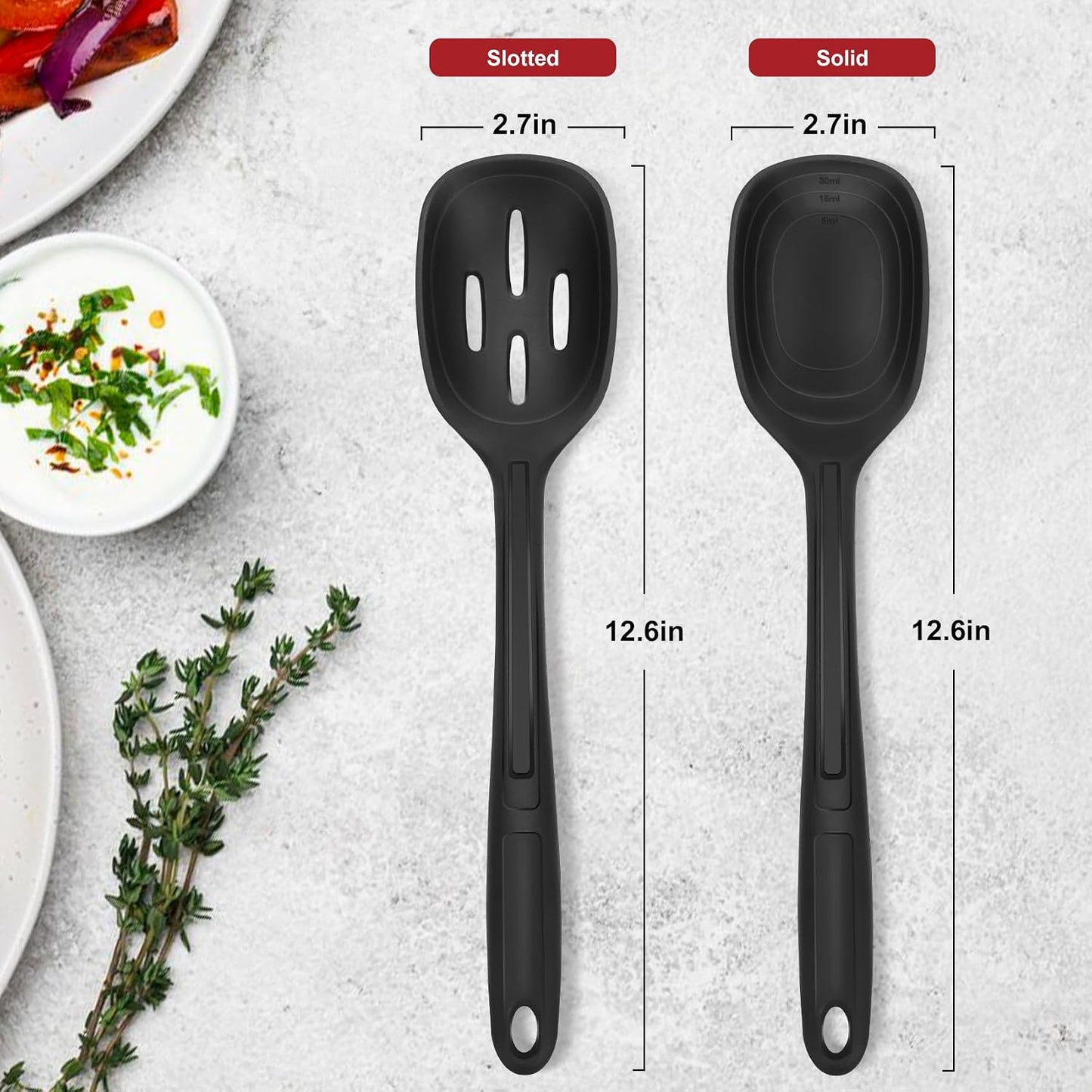 2 Pack Large Silicone Cooking Spoon with Measuring Mark, Premium Non-Stick Solid and Slotted Serving Spoons Set, Heat Resistant Kitchen Utensils for Mixing, Stirring, Scooping, Scraping