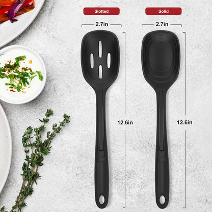 2 Pack Large Silicone Cooking Spoon with Measuring Mark, Premium Non-Stick Solid and Slotted Serving Spoons Set, Heat Resistant Kitchen Utensils for Mixing, Stirring, Scooping, Scraping
