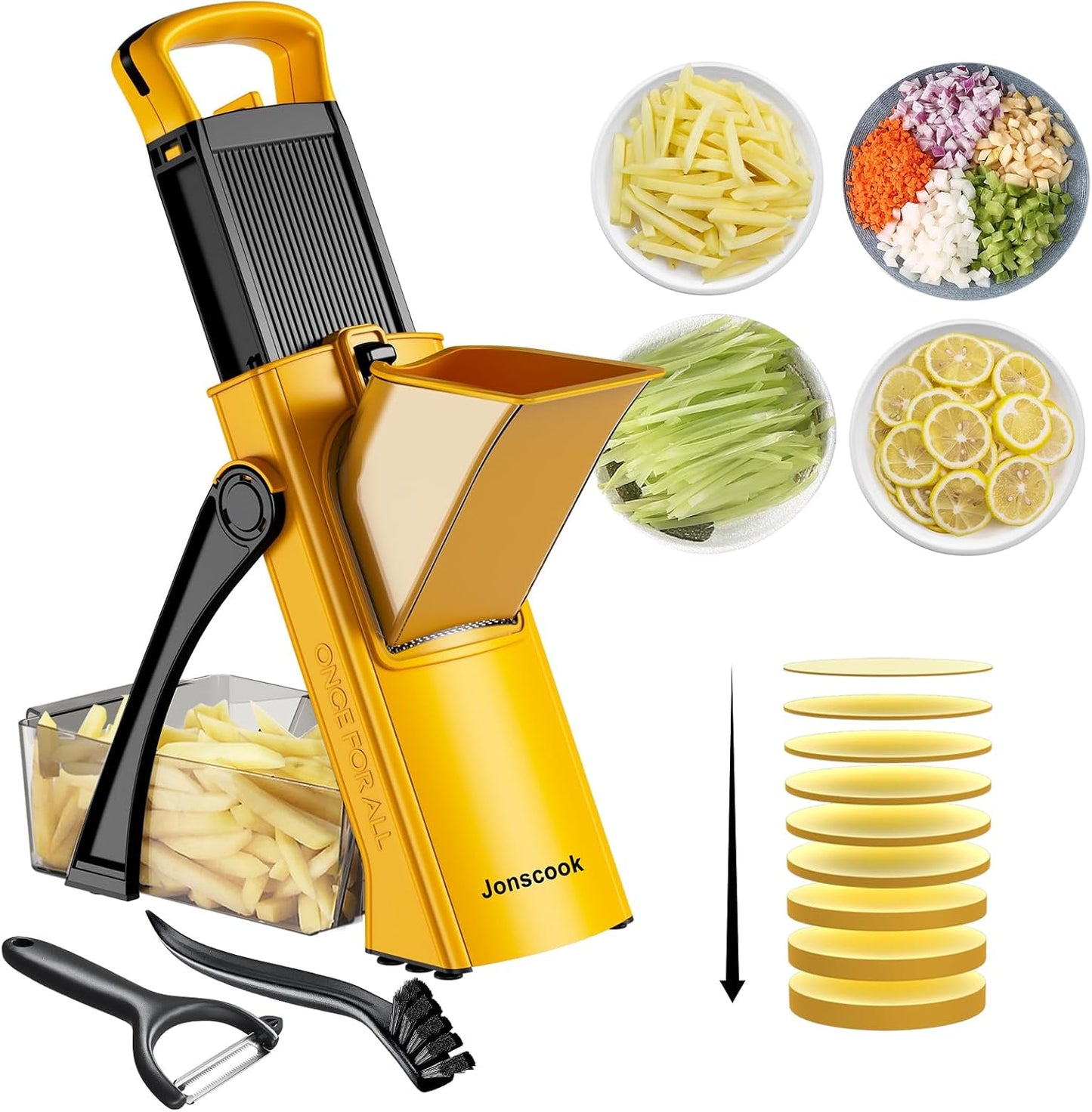 Jonscook All-in-1 Update Safe Mandoline Slicer for Kitchen, Food Chopper with Container, Thickness Adjustable Vegetable Chopper, Potato French Fry Cutter Tomato Apple Slicer Onion (BlackKnight)