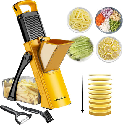 Jonscook All-in-1 Update Safe Mandoline Slicer for Kitchen, Food Chopper with Container, Thickness Adjustable Vegetable Chopper, Potato French Fry Cutter Tomato Apple Slicer Onion (BlackKnight)