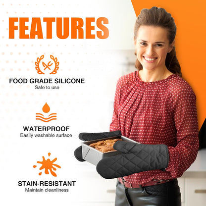 Silicone Oven Mitts, Heat Resistant 2PCS Oven Mitts with Soft Cotton Lining, Waterproof Non-Slip Grip Oven Glove, Kitchen Potholder Mits for BBQ, Baking, Cooking, 12.5 Inch - Grey