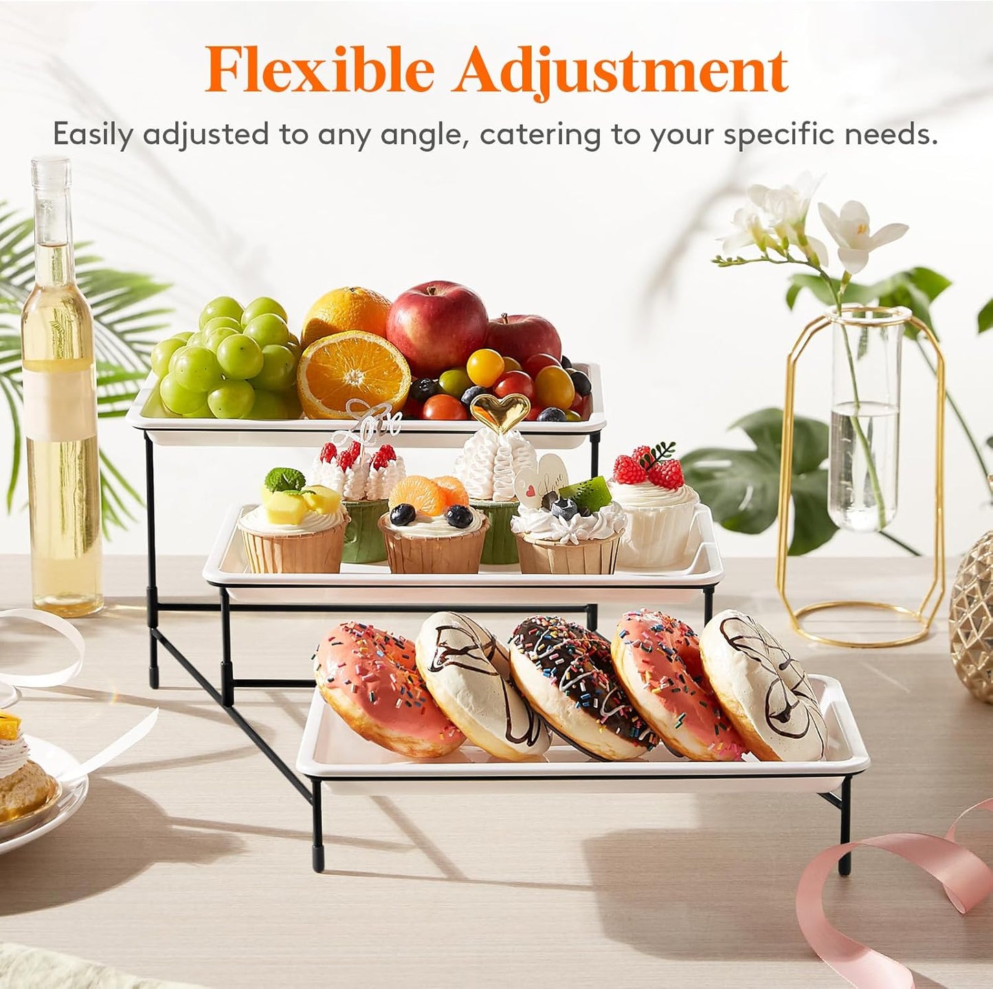 Lifewit 3 Tier Serving Tray, 30 x 17 cm/12 x 6.5" White Plastic Tiered Food Serving Platters, Tiered Tray Stand for Party with Black Collapsible Metal Stand, Dessert Display Stand for Cookies/Crackers