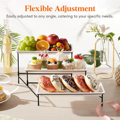 Lifewit 3 Tier Serving Tray, 30 x 17 cm/12 x 6.5" White Plastic Tiered Food Serving Platters, Tiered Tray Stand for Party with Black Collapsible Metal Stand, Dessert Display Stand for Cookies/Crackers
