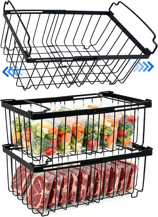 3Pack Freezer Organizer Bins, Stackable Chest Deep Freezer Storage Containers, Expandable Freezer Baskets with Handle fit 5cu.Ft 7cu.Ft Freezer, Fridge, Pantry (Black-3Pack)