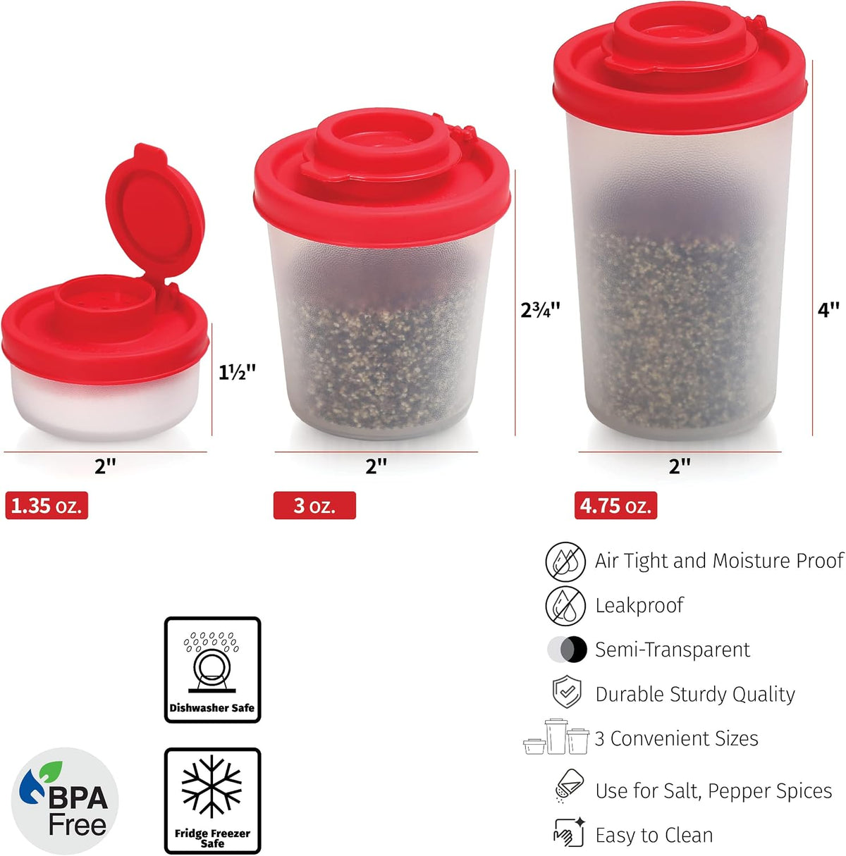 SIGNORAWARE Salt and Pepper Shakers Moisture Proof Set of 2 Large Salt Shaker to go Camping Picnic Outdoors Kitchen Lunch Boxes Travel Spice Set Clear with Red Covers Lids Plastic Airtight Dispenser