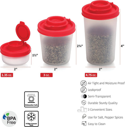 SIGNORAWARE Salt and Pepper Shakers Moisture Proof Set of 2 Large Salt Shaker to go Camping Picnic Outdoors Kitchen Lunch Boxes Travel Spice Set Clear with Red Covers Lids Plastic Airtight Dispenser