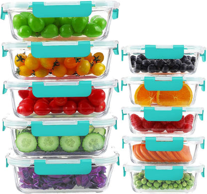 KAMOTA Glass Food Storage Containers, 10 Pack Glass Meal Prep Containers, Airtight Containers with Snap-Lock Lids, 34 oz and 13 oz white Container Set with Lids, for Microwave/Oven/Freezer