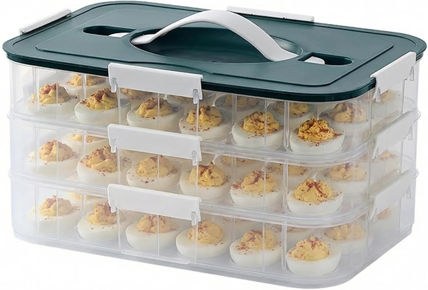 Deviled Egg Container with Lid, 54 Slots Egg Tray Carrier with Handle, Stackable Egg Tray, 12.2 x 8.4 x 6.3 inches (Green, 3 Layer)