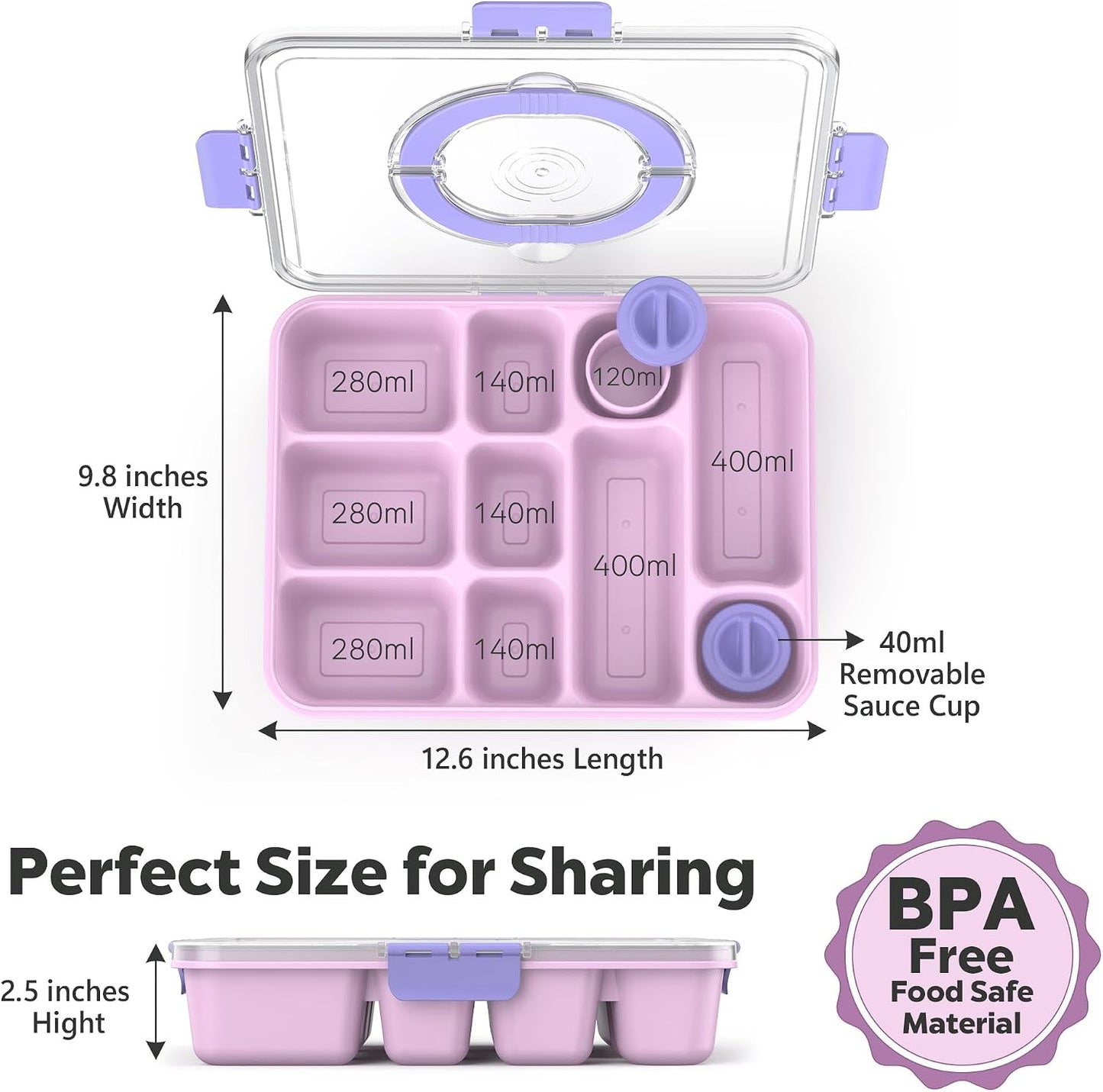 Snackle Box Container for Adults with 10 Compartment, Divided Serving Tray with Lid and Handle and 2 Sauce Containers, Portable Snack Box Container for Charcuterie Party Travel, Purple