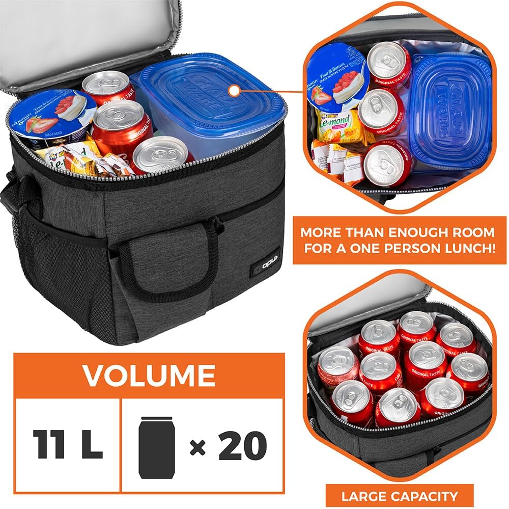 opux Insulated Lunch Bag for Men Women, Leakproof Black Lunch Box for Work, Portable Soft Lunch Cooler Bag with Shoulder Strap, Adult Lunchbox Lunch Pail for Kid Boy Girl School, 14 Can/8L