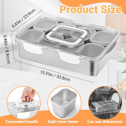 SiliFine Stainless Steel Snackle Box Container, 8 Compartment Divided Serving Tray with Lid and Handle, Portable Snack Platters Storage Organizer for Fruit Candy Nuts Veggie Travel Party Picnic