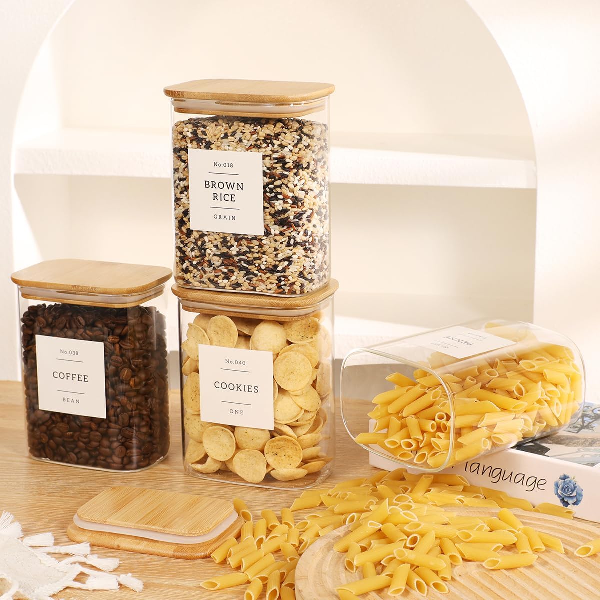 2 Pack large Square Glass Flour and Sugar Containers with 132 Kitchen Pantry Labels - 149 floz & 71 floz - Glass Jars with Airtight Bamboo Lid - Glass Rice Canisters for Coffee, Pasta, Cookie, Cereal