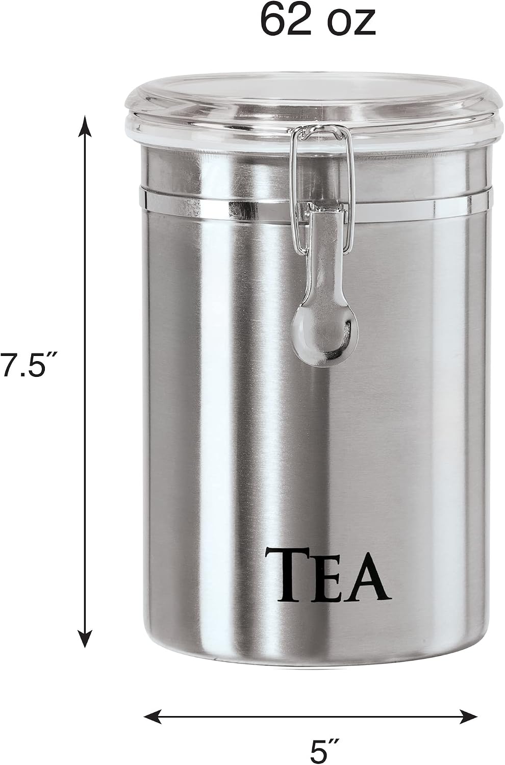 Oggi Stainless Steel Sugar Canister 62 fl oz - Airtight Clamp Lid, Clear See-Thru Top - Ideal Sugar Container for Countertop, Sugar Jar, Bulk Sugar Storage. Large Size 5" x 7.5".