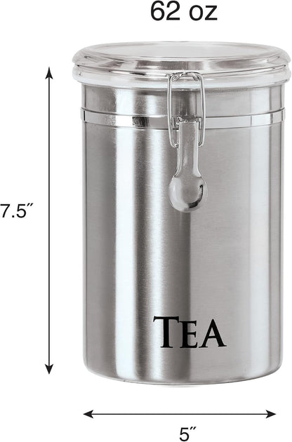 Oggi Stainless Steel Sugar Canister 62 fl oz - Airtight Clamp Lid, Clear See-Thru Top - Ideal Sugar Container for Countertop, Sugar Jar, Bulk Sugar Storage. Large Size 5" x 7.5".