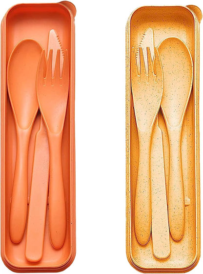 Reusable Travel Utensils Set with Case, 4 Sets Wheat Straw Portable Plastic Fork Spoons Knife Cutlery, Camping Eco-Friendly BPA Free Tableware for Kids Adults Work Picnic or Daily Use (Colorful)