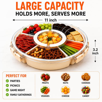Snackle Box Container with Lid & Handle, 6 Compartment Snack Tray for Kids & Adults, Portable Serving Tray for Fruit, Veggies, Candy & Snacks, Rotating Organizer for Travel, Party & Movie Night