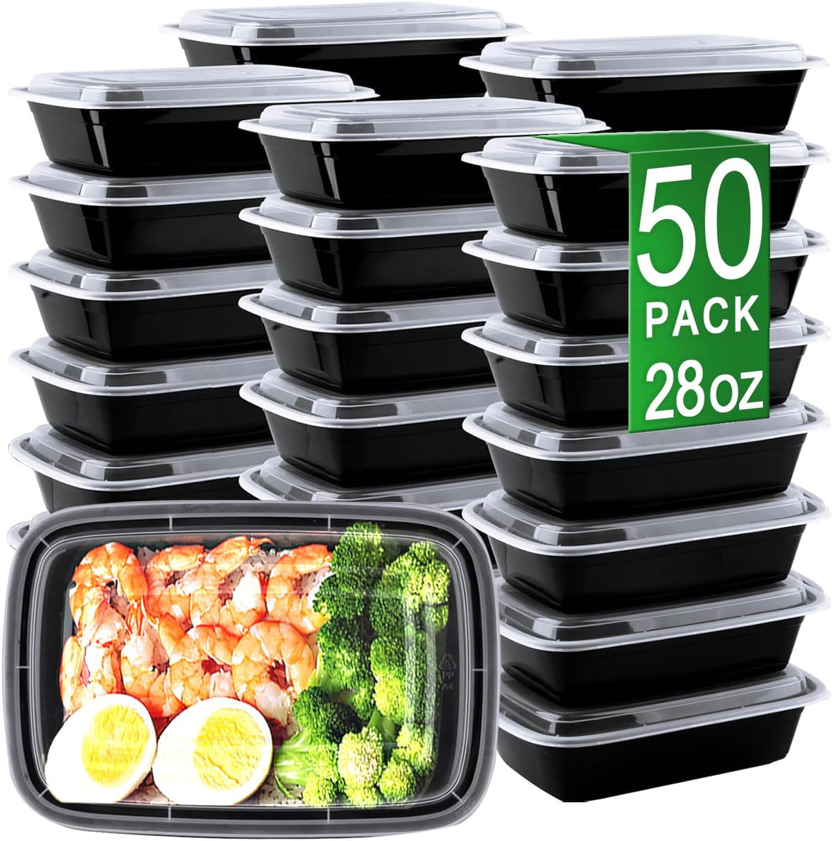 Meal Prep Containers, 50 Pack 58oz (100-Piece) Disposable Take Out Food Storage Containers with Leakproof Lids, Large Plastic To Go Lunch Boxes, BPA Free, Microwave/Dishwasher/Freezer Safe
