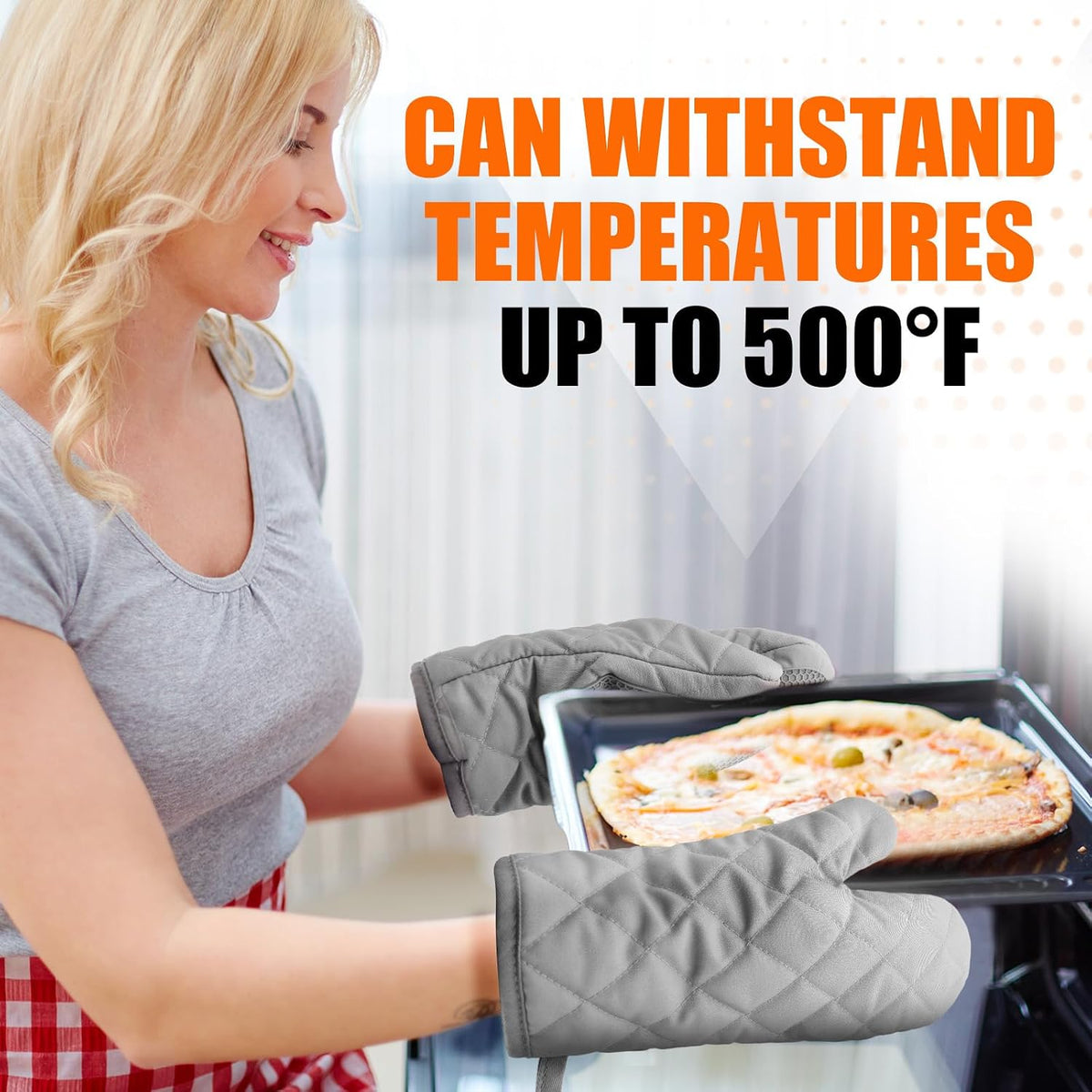 Silicone Oven Mitts, Heat Resistant 2PCS Oven Mitts with Soft Cotton Lining, Waterproof Non-Slip Grip Oven Glove, Kitchen Potholder Mits for BBQ, Baking, Cooking, 12.5 Inch - Grey