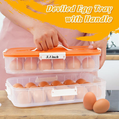 2-Layer Deviled Egg Containers with Lid, 36 Slots Deviled Egg Tray Carrier with Handle and Deviled Egg Injector Piping Tool, Portable Egg Storage Carrier Tray Platter for Party Picnic Travel (white)