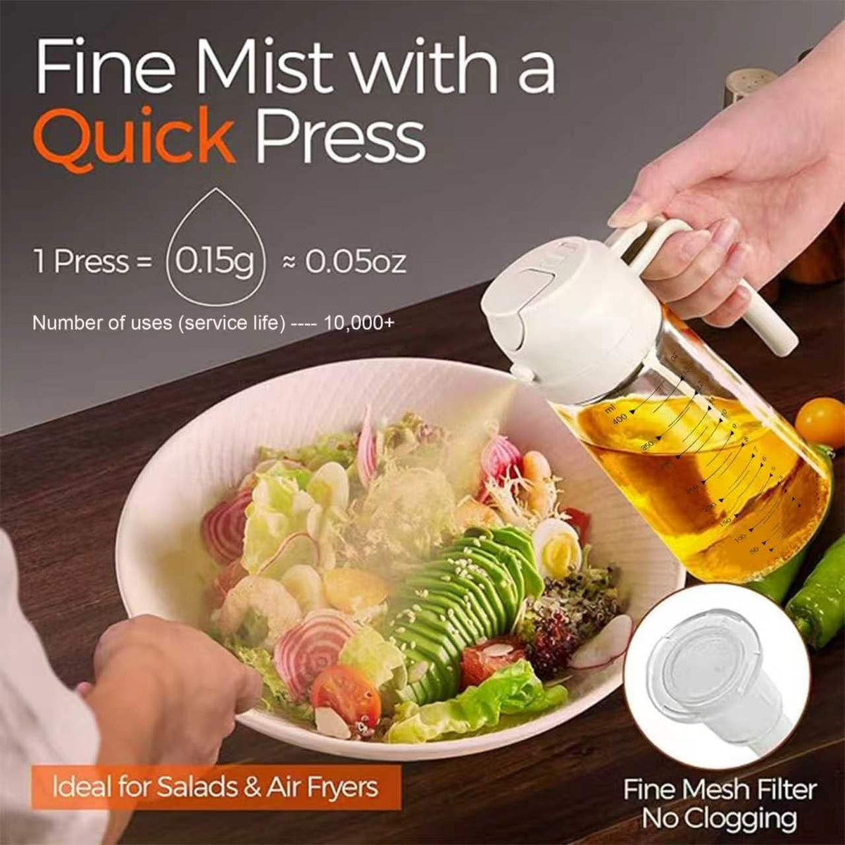 AT-VALY 2-in-1 Oil Sprayer for Cooking, 16oz Glass Oil Dispenser, Black