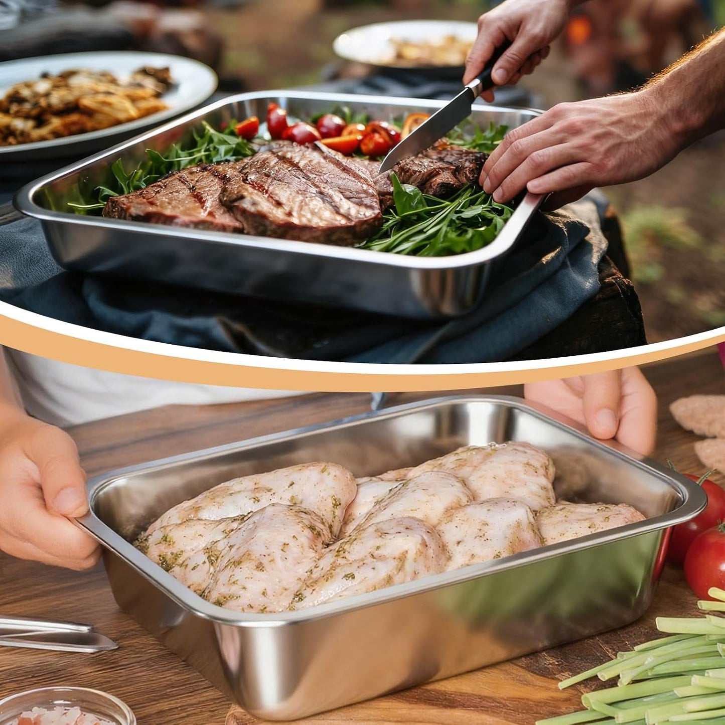 LemonRoad 4 in 1 Grill Prep Trays Sets, Grilling Prep and Serve Tray Large Stainless Steel Food Trays with Cutting Board for Outdoor Cooking Picnic Grilling BBQ Accessories Gift