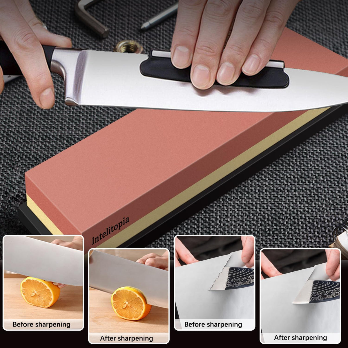 Intelitopia Complete Knife Sharpening Stone Set – Dual Grit Whetstone 400/1000 3000/8000 Knife Sharpener with Leather Strop, Flattening Stone, Bamboo Base, 3 Non-slip Rubber Bases & Angle Guide