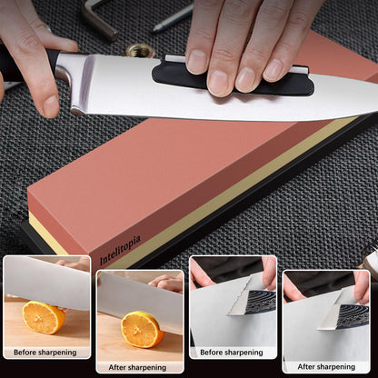Intelitopia Complete Knife Sharpening Stone Set – Dual Grit Whetstone 400/1000 3000/8000 Knife Sharpener with Leather Strop, Flattening Stone, Bamboo Base, 3 Non-slip Rubber Bases & Angle Guide
