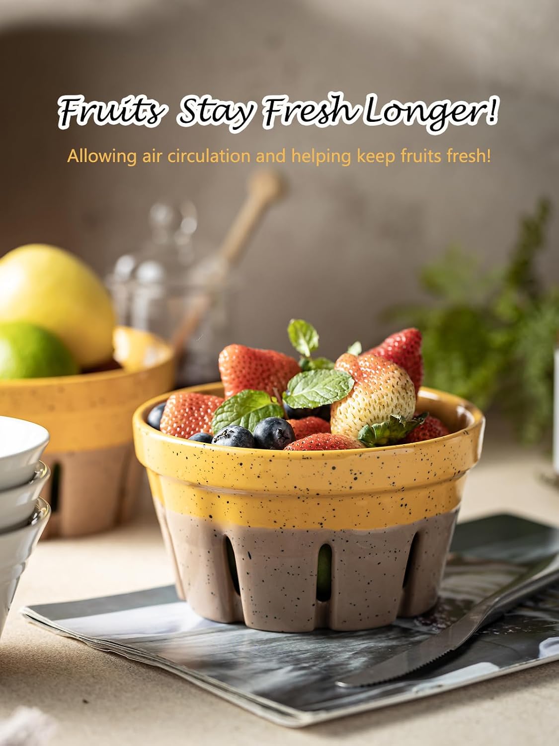 Gomakren Berry Bowls with Holes Ceramic, Berry Washing Bowl Basket Set of 2, 5.8 Inch Round Fruit Bowl Storage Containers, Strawberry Baskets, Farmhouse Kitchen Decor, Yellow + Brown