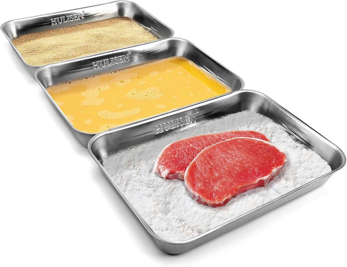 HULISEN Set of 3 Breading Pans, Stainless Steel Breading Set for Marinating Meat, Chicken, Fish, Food Prep Trays, Coating Trays Can Be Used to Baking Cake, Oven Safe