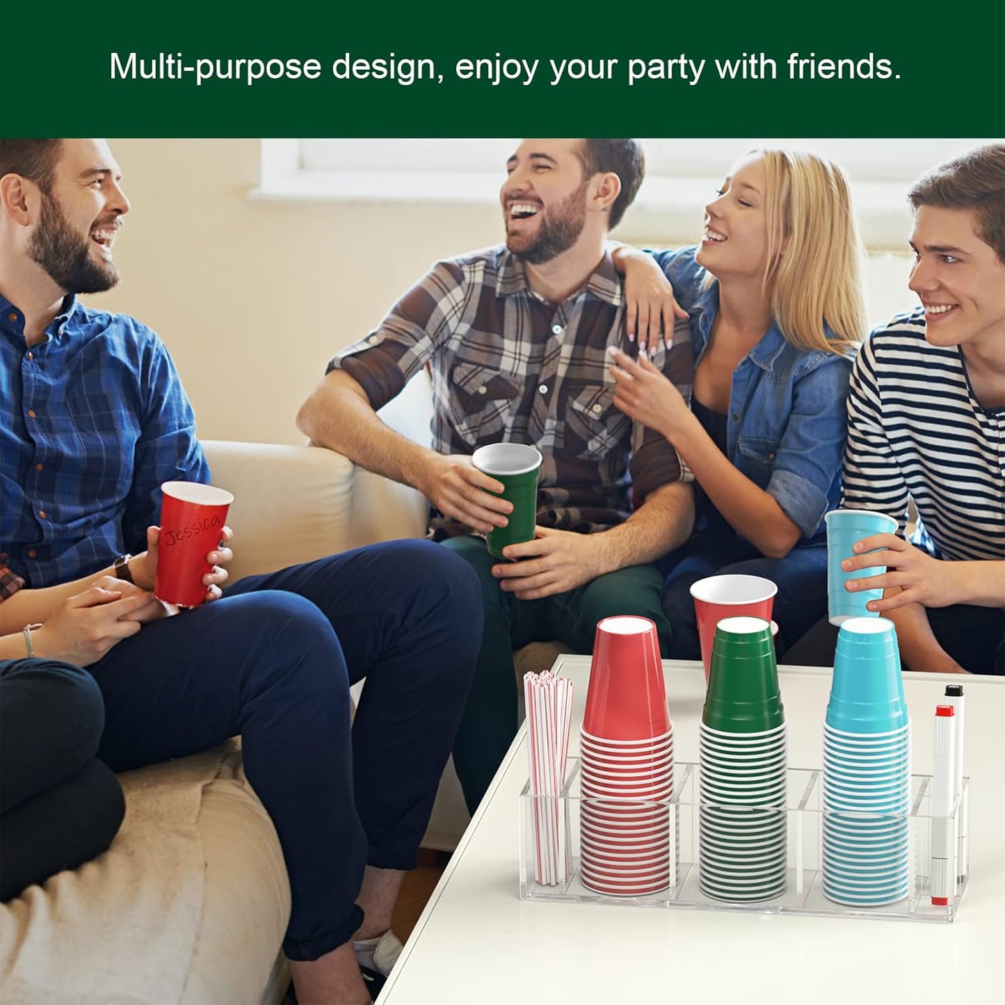Double Cup Holder with Marker Slot, Party Cup Dispenser Acrylic Cup Organizer Mark Your Cup and Drink Up Caddy Modern Bar Counter Decor, Clear