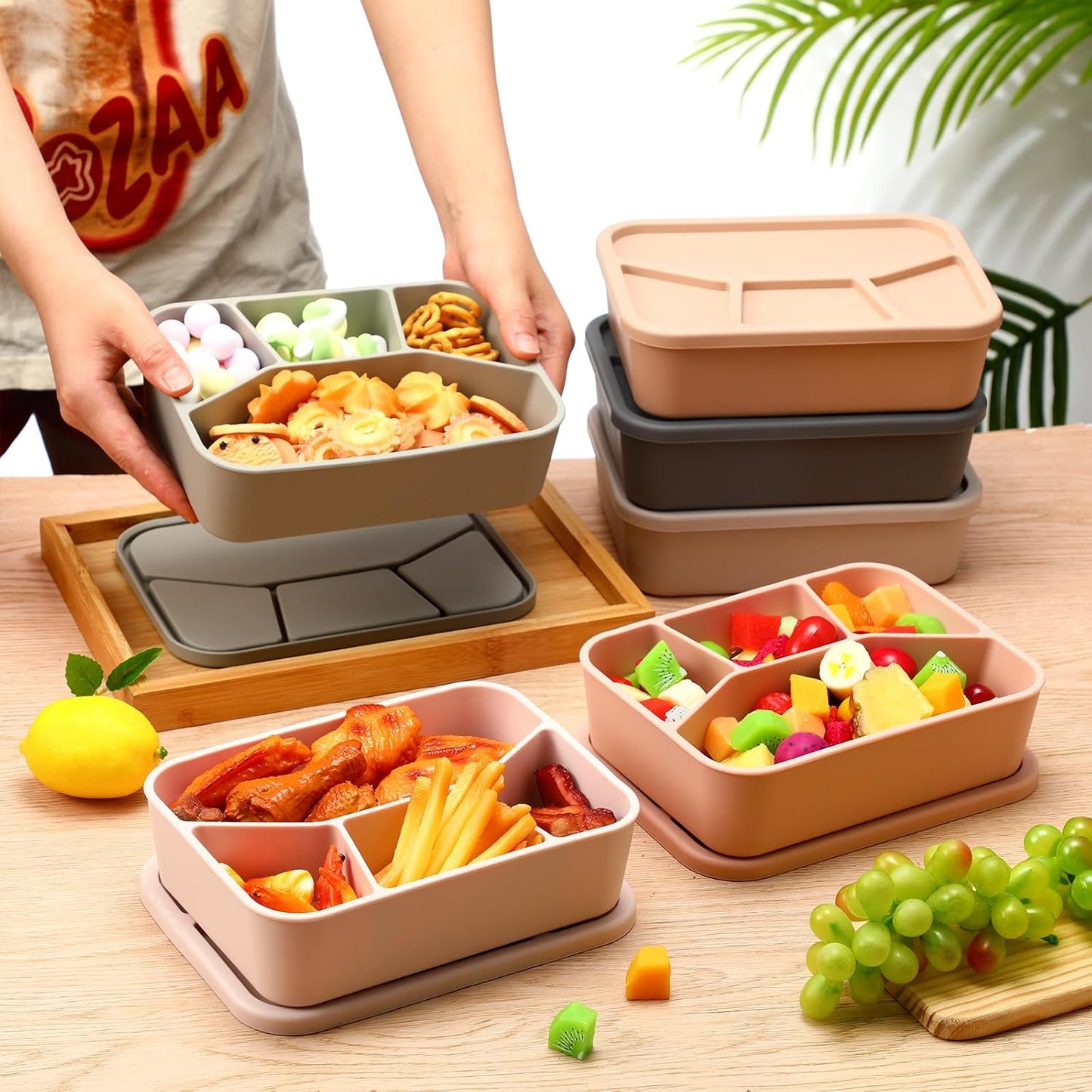 Honeydak 6 Pcs Silicone Bento Box Reusable Lunch Container 4 Compartment Snack Boxes with Lid Smooth LeakProof Rectangle Food Boxes for Adult Work Travel Food Storage (Cute Color)
