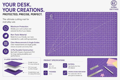 KC GLOBAL A3 (19"x13") Professional Grade Self-Healing Cutting Mat (Purple) - Odor-Free, Double-Sided, Eco-Friendly, Non-Slip, Premium Desk mat for DIY, Crafting, Model Building,and Art Projects