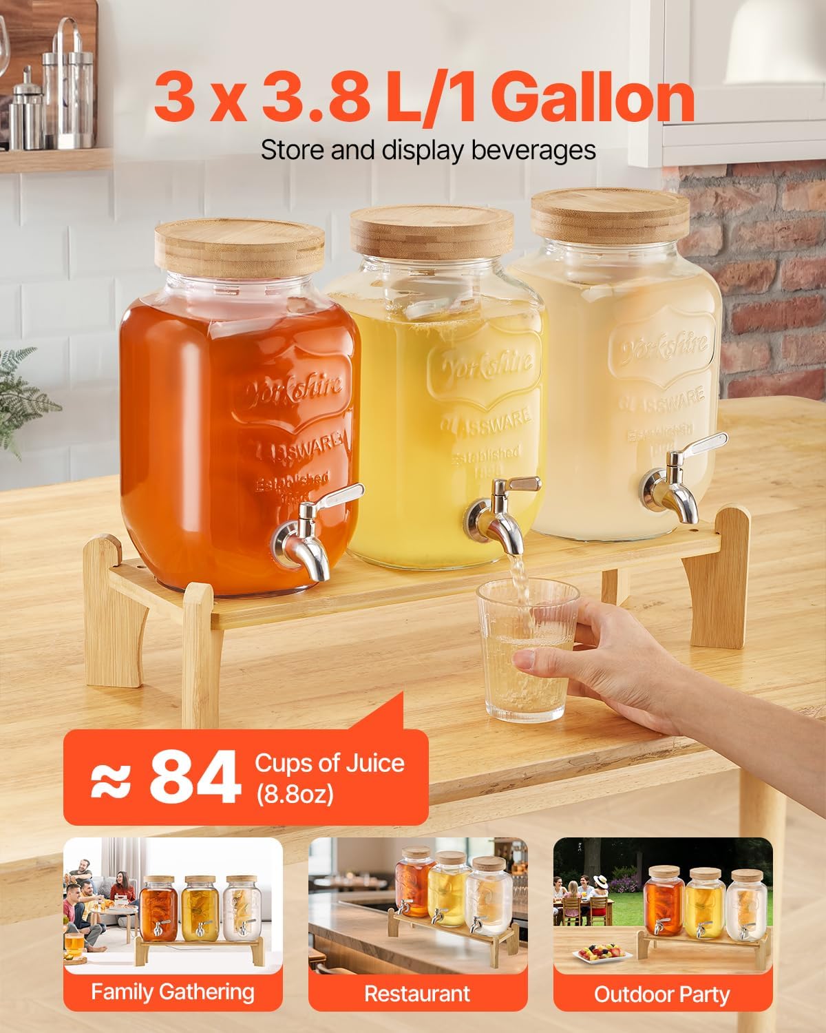 VEVOR Beverage Dispenser, 3 Pack 2 Gallon Drink Dispensers for Parties, Glass Juice Dispenser with Metal Stand, Stainless Steel Spigot, Infuser, Iced Tea Lemonade Juice Water Dispensers for Parties