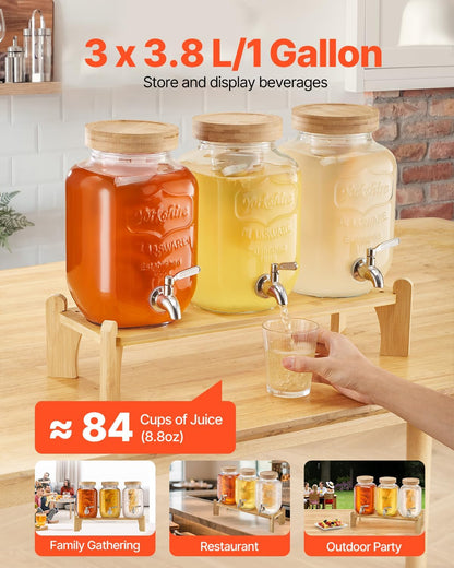 VEVOR Beverage Dispenser, 3 Pack 2 Gallon Drink Dispensers for Parties, Glass Juice Dispenser with Metal Stand, Stainless Steel Spigot, Infuser, Iced Tea Lemonade Juice Water Dispensers for Parties