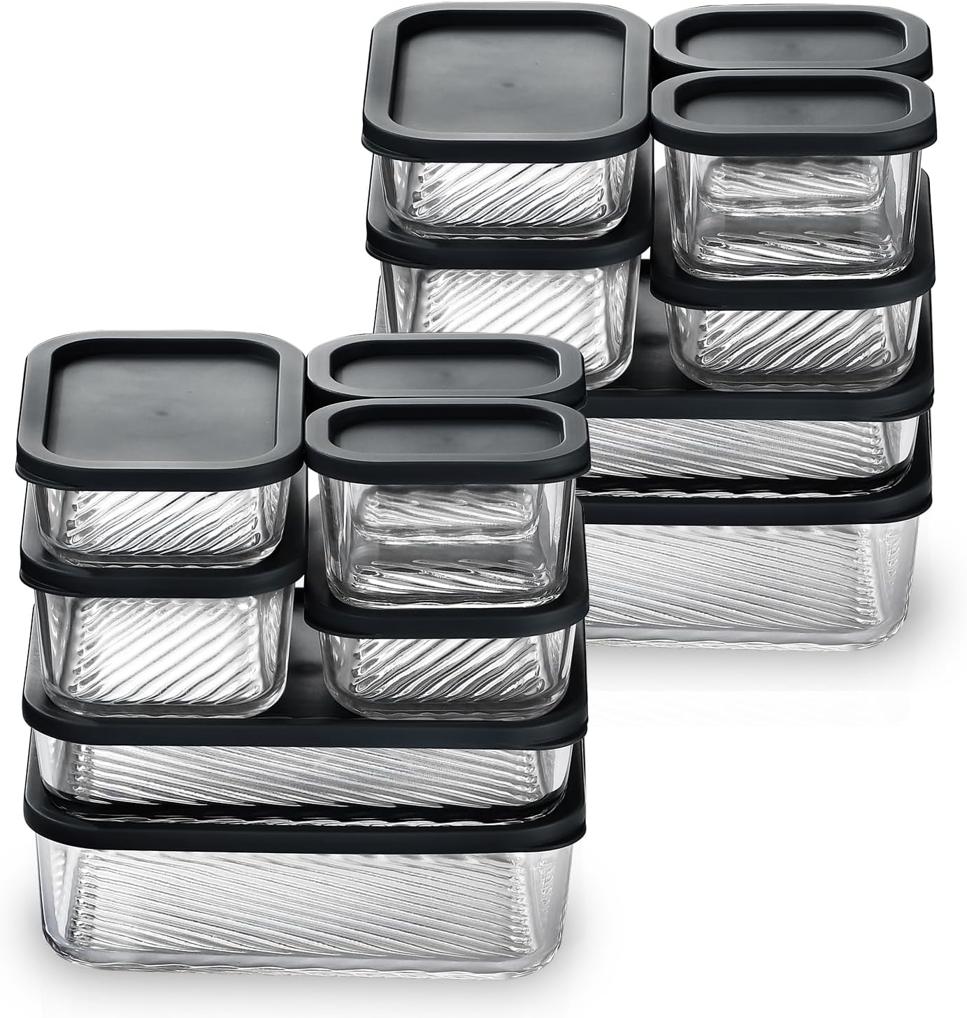 EATEX Grooved Base Glass Meal Prep Containers, 12 Pack Glass Food Storage Containers with Lids for Meal Prep & Lunch, Microwave Oven Freezer Dishwasher Safe, Anti Moisture Non-Stick Design - Black